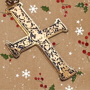 VINTAGE 80s Smithsonian Cross and a Brilliant Gold Filled Herringbone Chain 16”